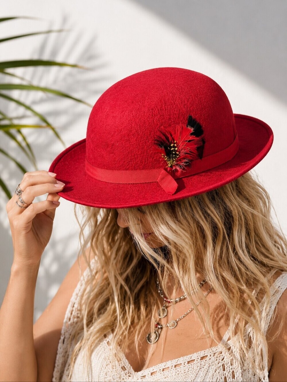 Geo. W. Bollman Hat Co. (USA) Vintage Red Wool Felt Derby Hat Feather Accent